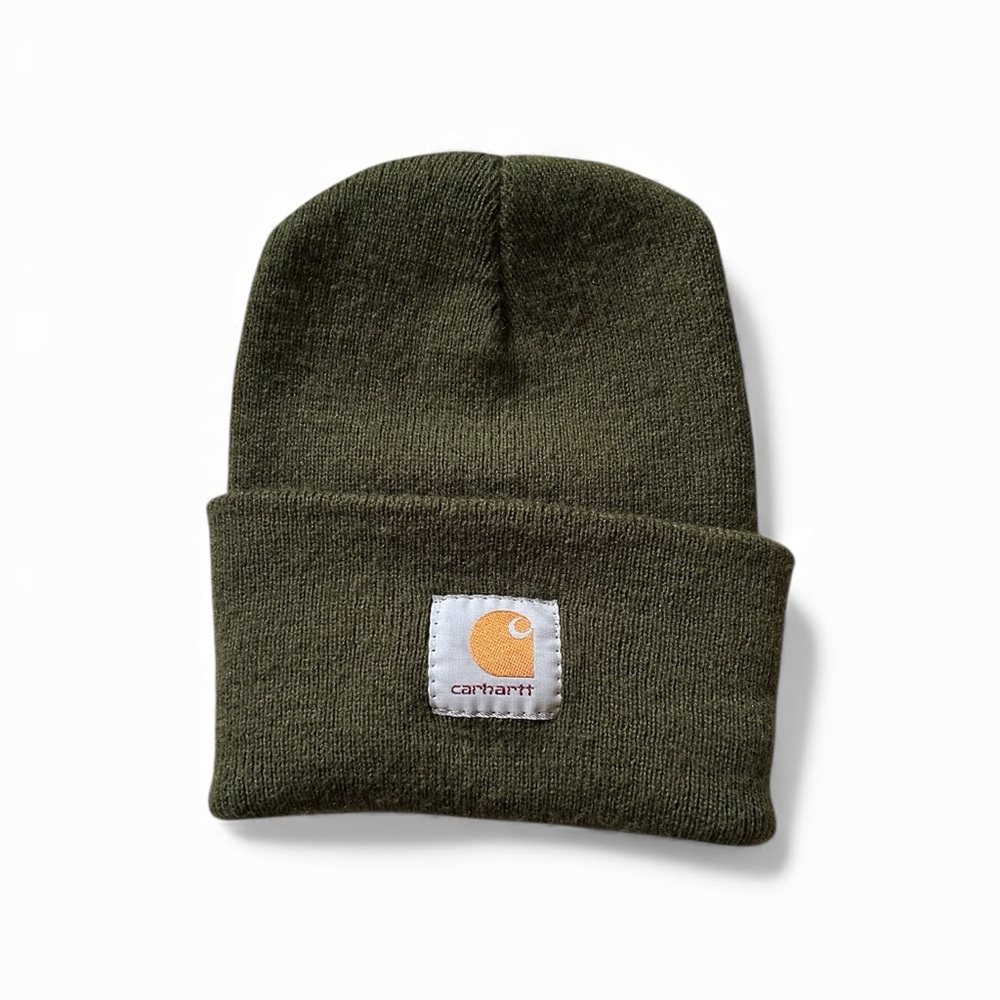 Carhartt Olive Green Knit Beanie All Seasons Hat Cuffed Logo Patch Streetwear OS
